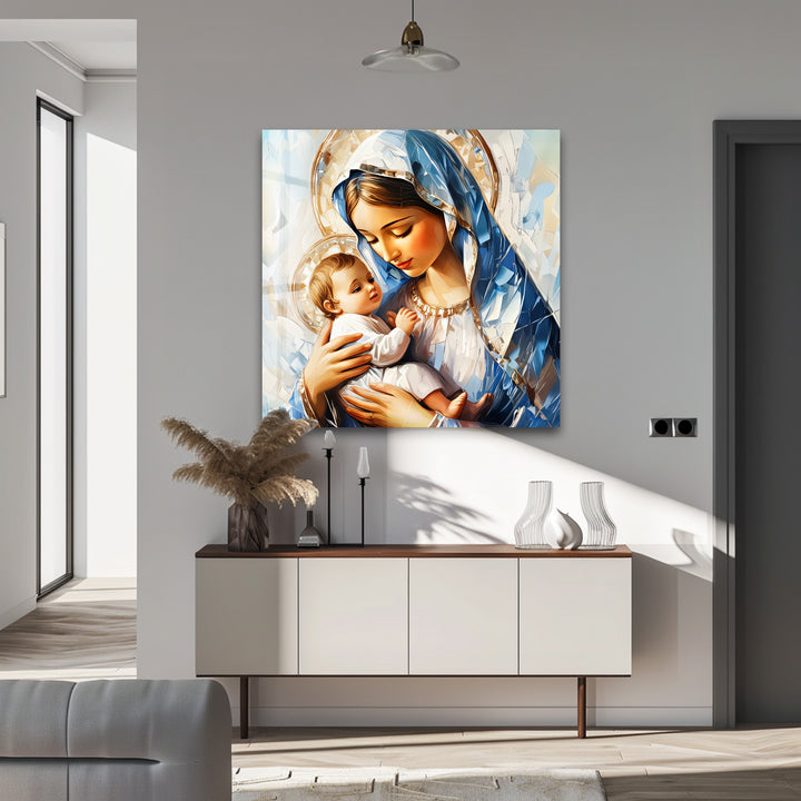 Divine Embrace – Virgin Mary and Child Jesus Glass Wall Art