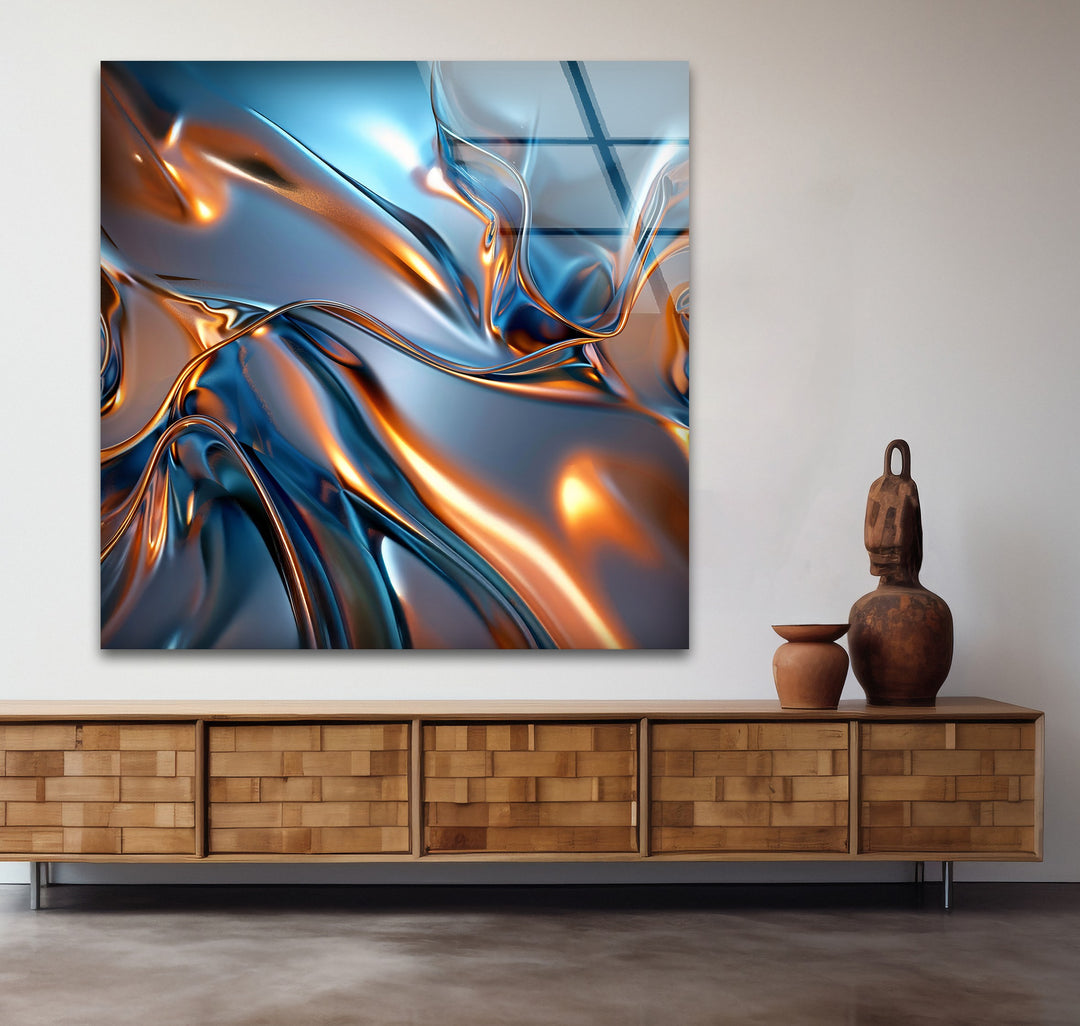 Aurora Metal Flux – Abstract Blue & Copper Chrome Glass Wall Art