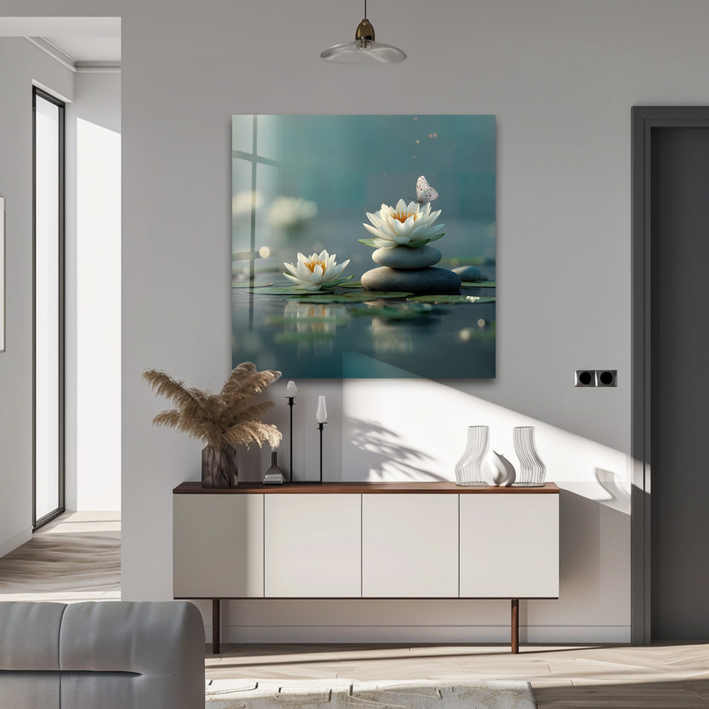 The sleek borders of the hanging wall art beautifully frame the serene Zen Lotus Balance tranquil nature glass art.