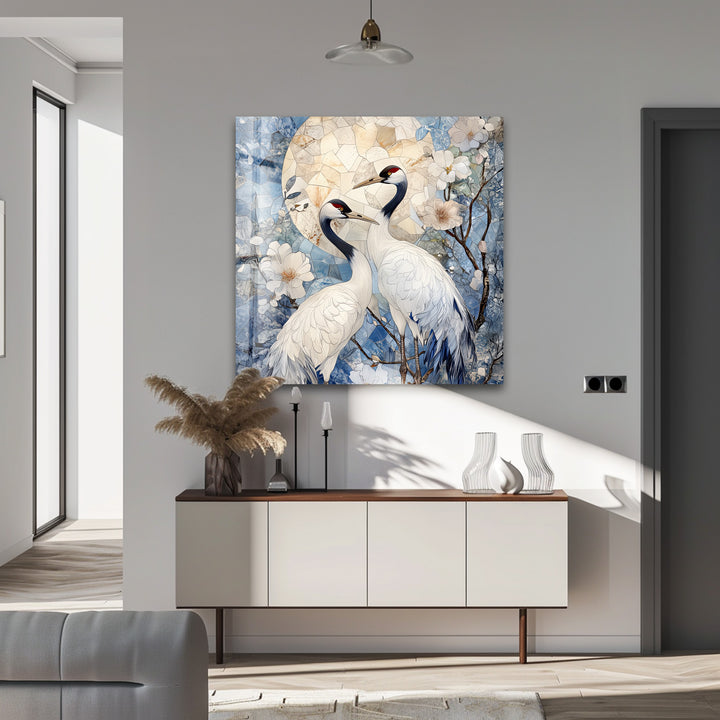Moonlit Cranes – Elegant Nature Scene Glass Wall Art