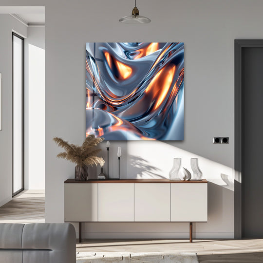 A fluid, molten artwork of chrome and ember with the softest, flowing curves, presented as glass wall artwork.