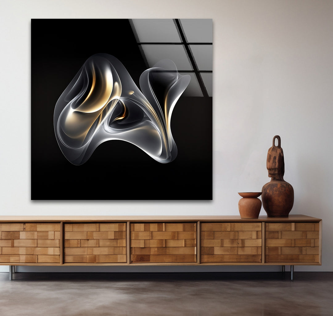 Ethereal Ember Veil – Abstract Smoke Gold Glass Wall Art