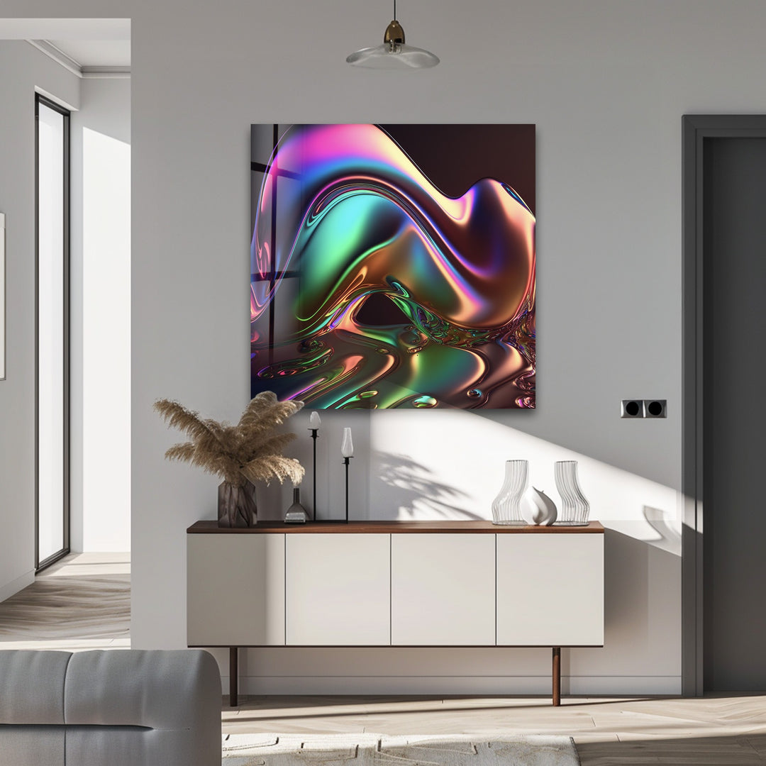 Neon Mirage Crest – Iridescent Chrome Wave Glass Wall Art