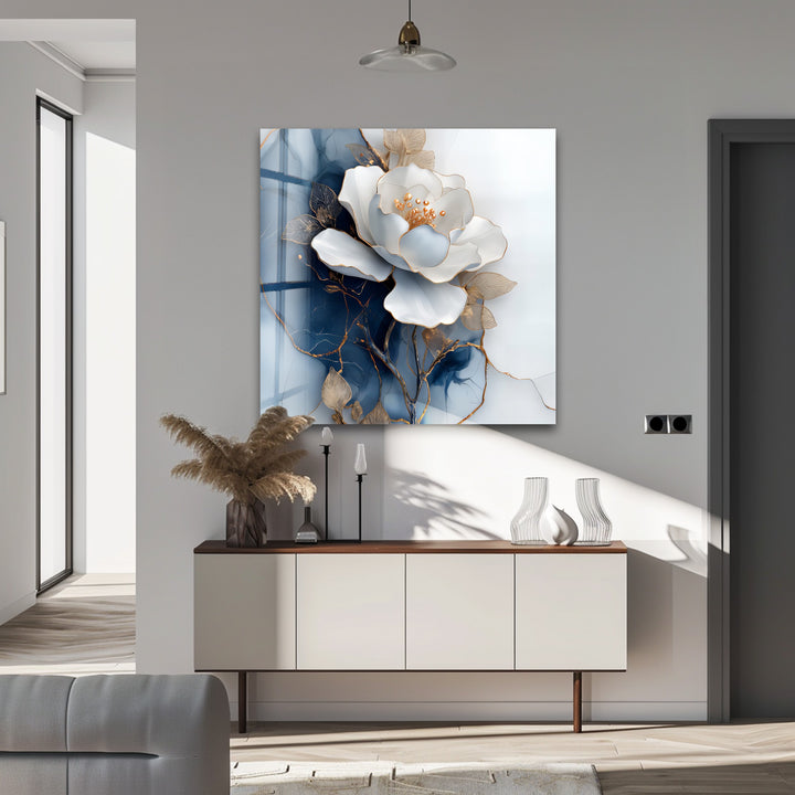 Golden Midnight Bloom – White Flower on Navy Marble Glass Wall Art