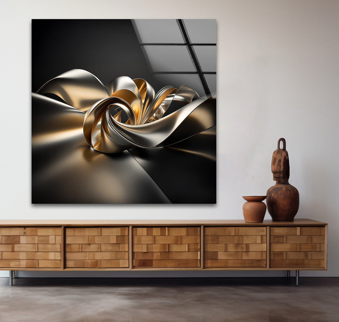 Golden Helix Flow – Abstract Metallic Ribbon Glass Wall Art