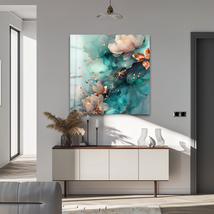 Golden Petals in Aqua Mist – Abstract Floral Glass Wall Art
