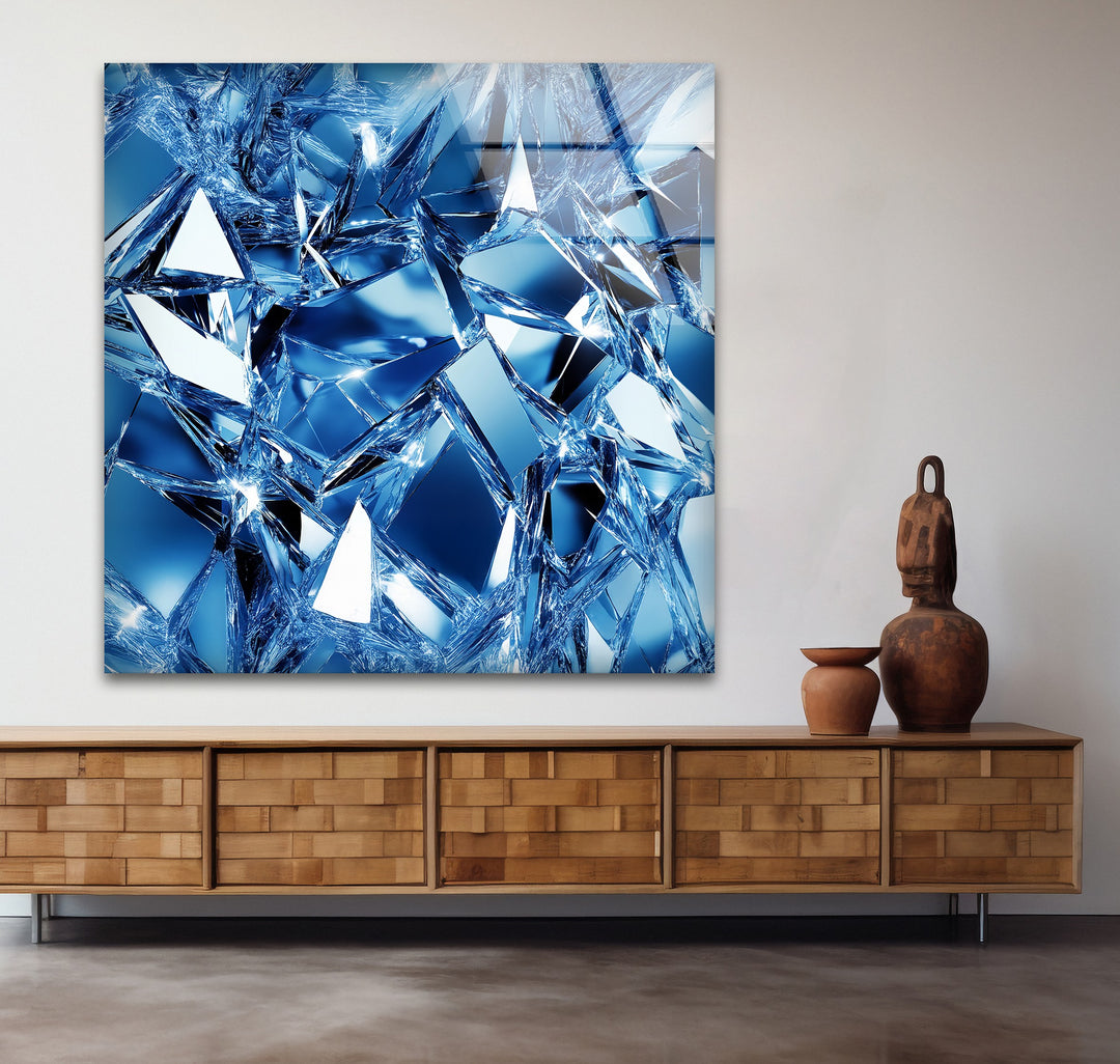 Crystal Shatter Blue – Abstract Faceted Ice Glass Wall Art