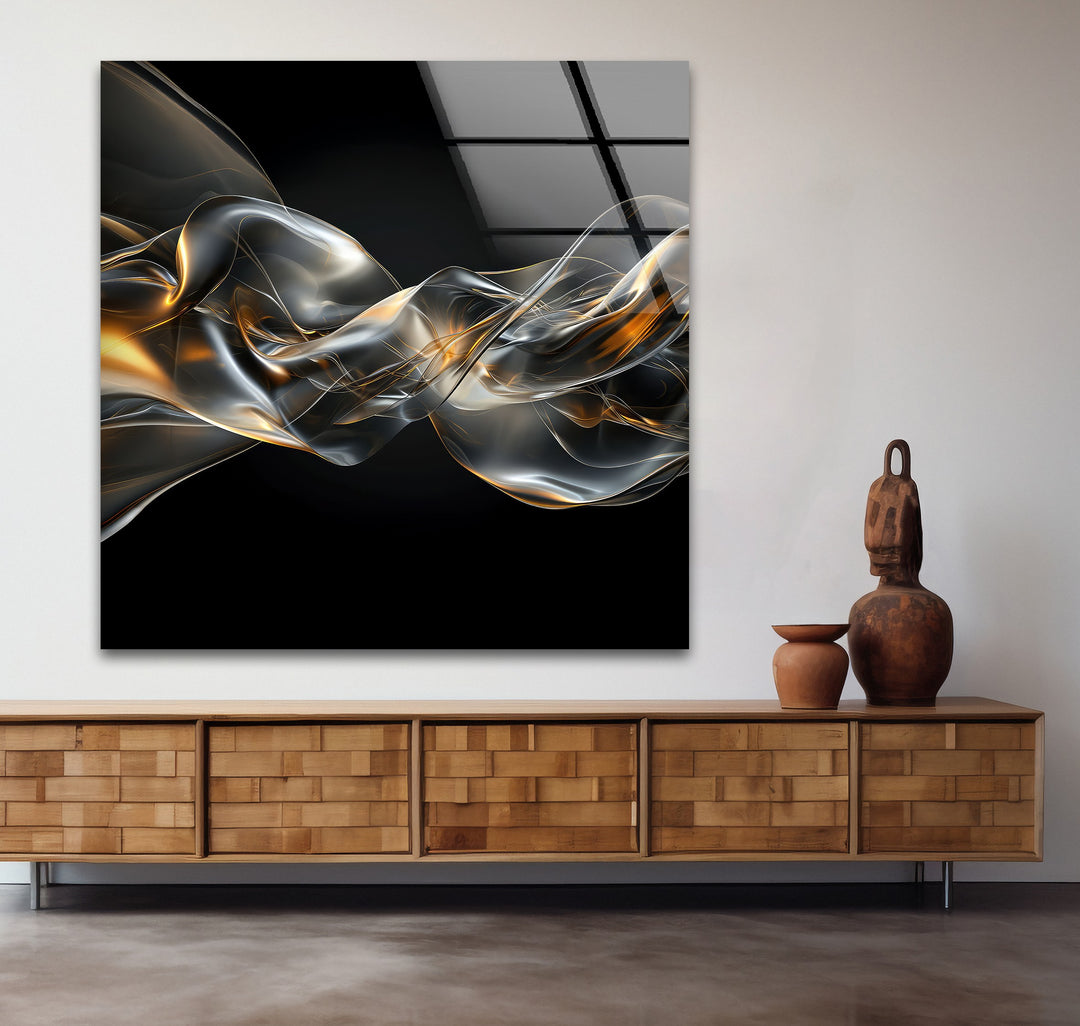 Midnight Ember Drift – Abstract Smoke Gold Glass Wall Art