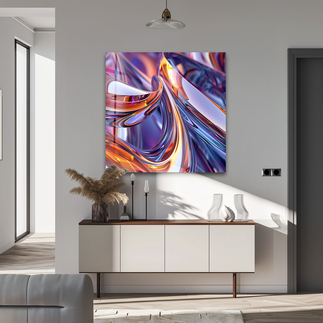 Prismatic Ribbon Fusion – Abstract Chrome Swirl Glass Wall Art