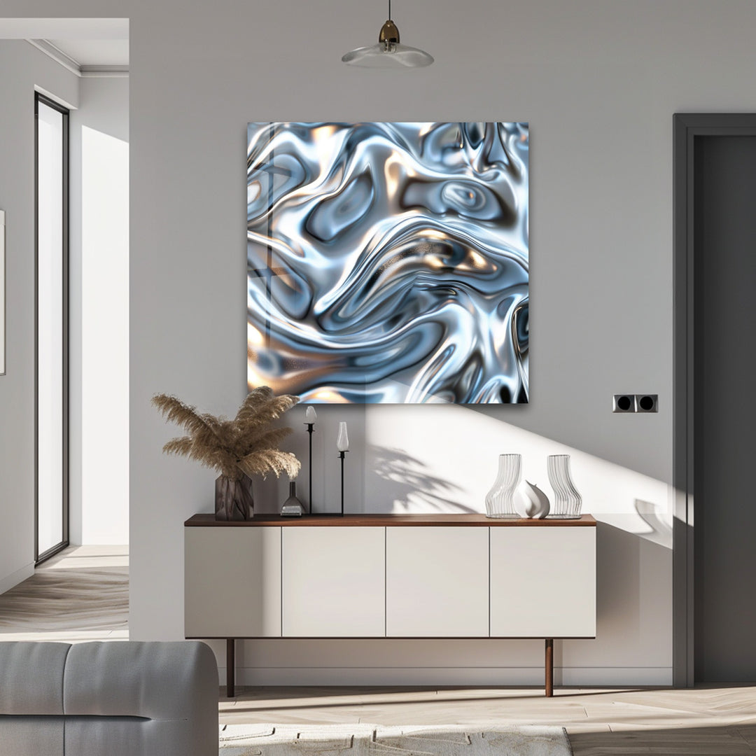 Molten Silver Drift – Abstract Metallic Fluid Glass Wall Art
