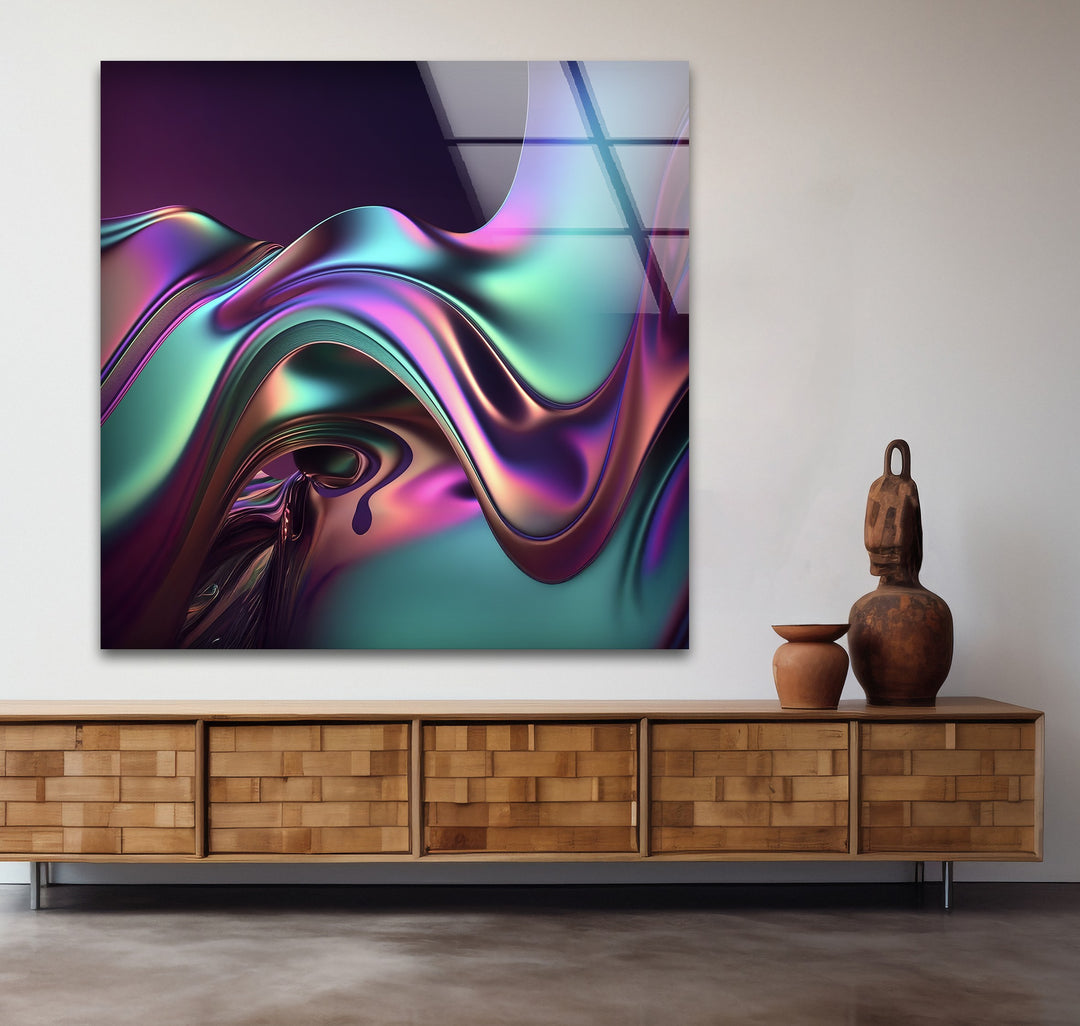 Iridescent Wave Mirage – Neon Chrome Flow Glass Wall Art