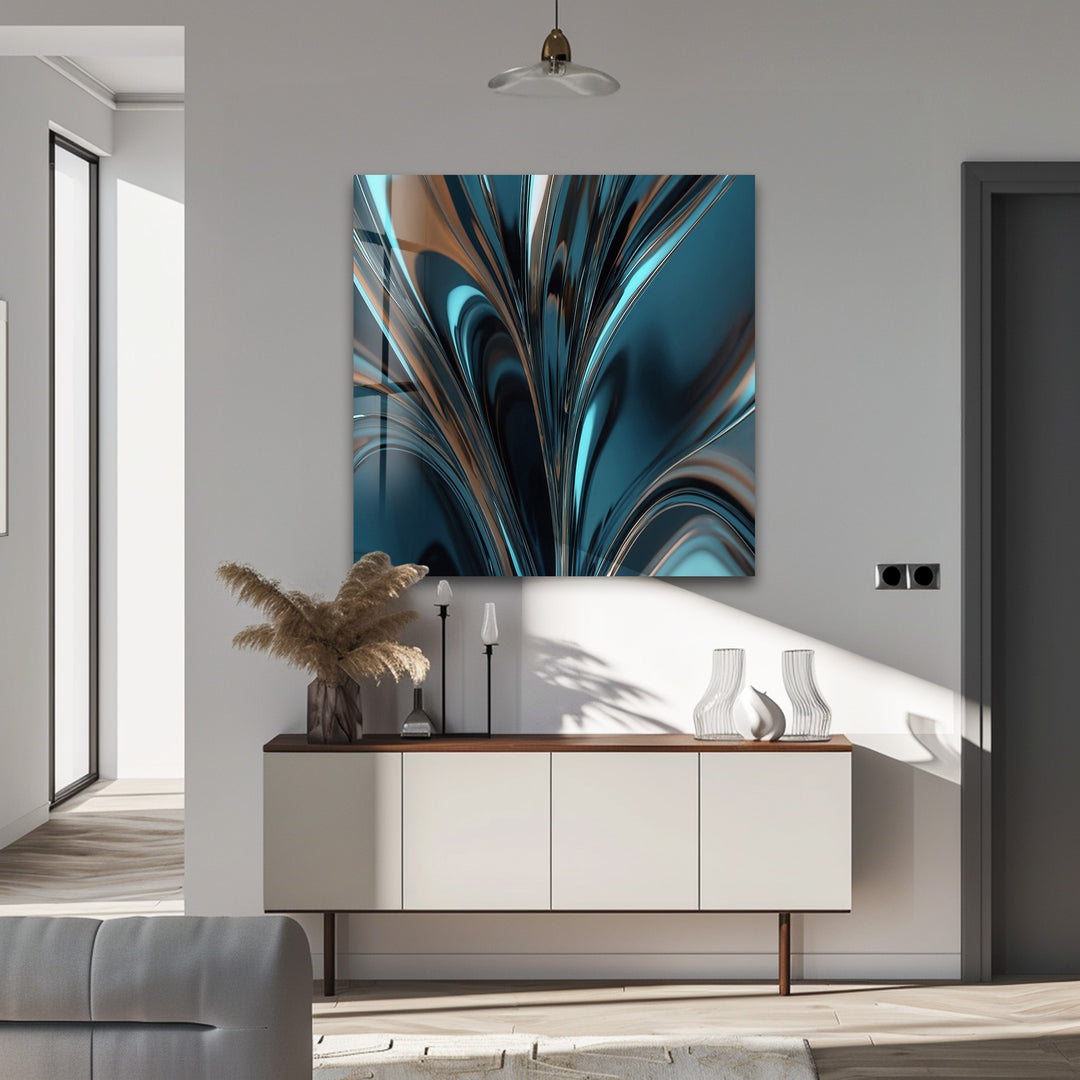 Midnight Aqua Surge – Abstract Teal Chrome Glass Wall Art