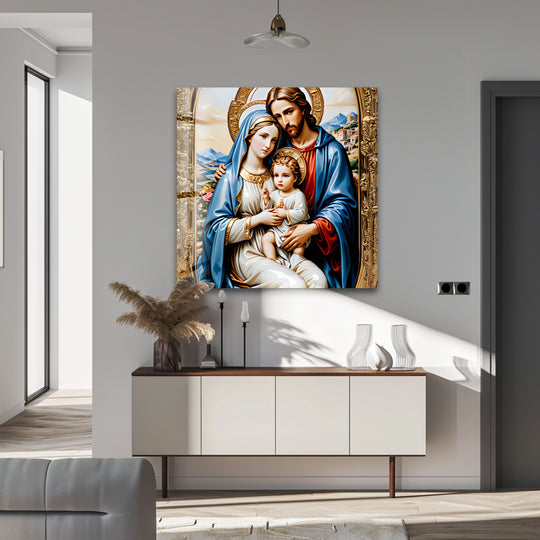 Religion Holy Family in Gold Christian glass wall art and religious home decor on a wall in a home