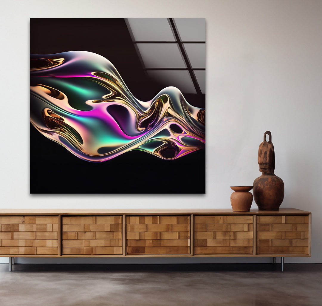 Neon Mirage Flow – Iridescent Metallic Wave Glass Wall Art