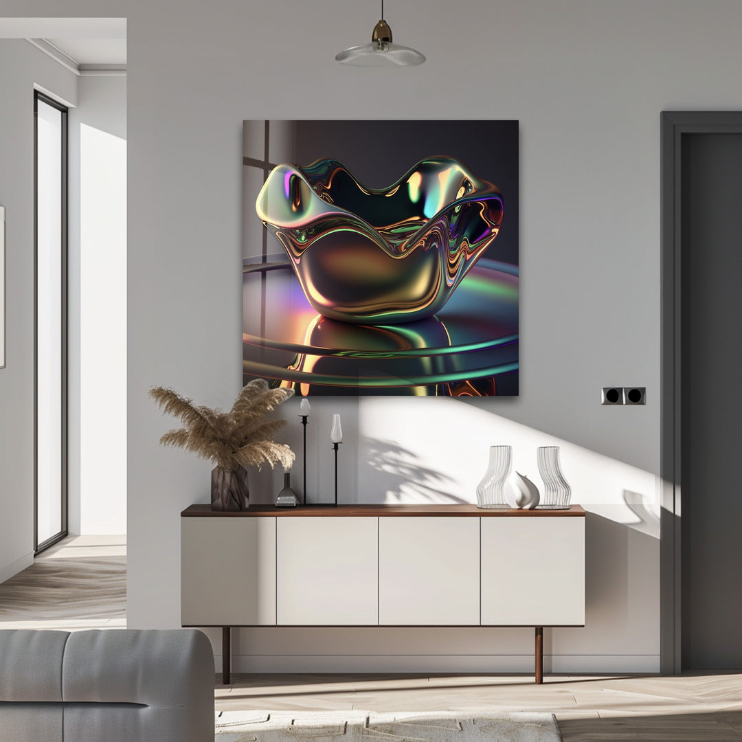Iridescent Sculpted Bloom – Futuristic Chrome Bowl Glass Wall Art