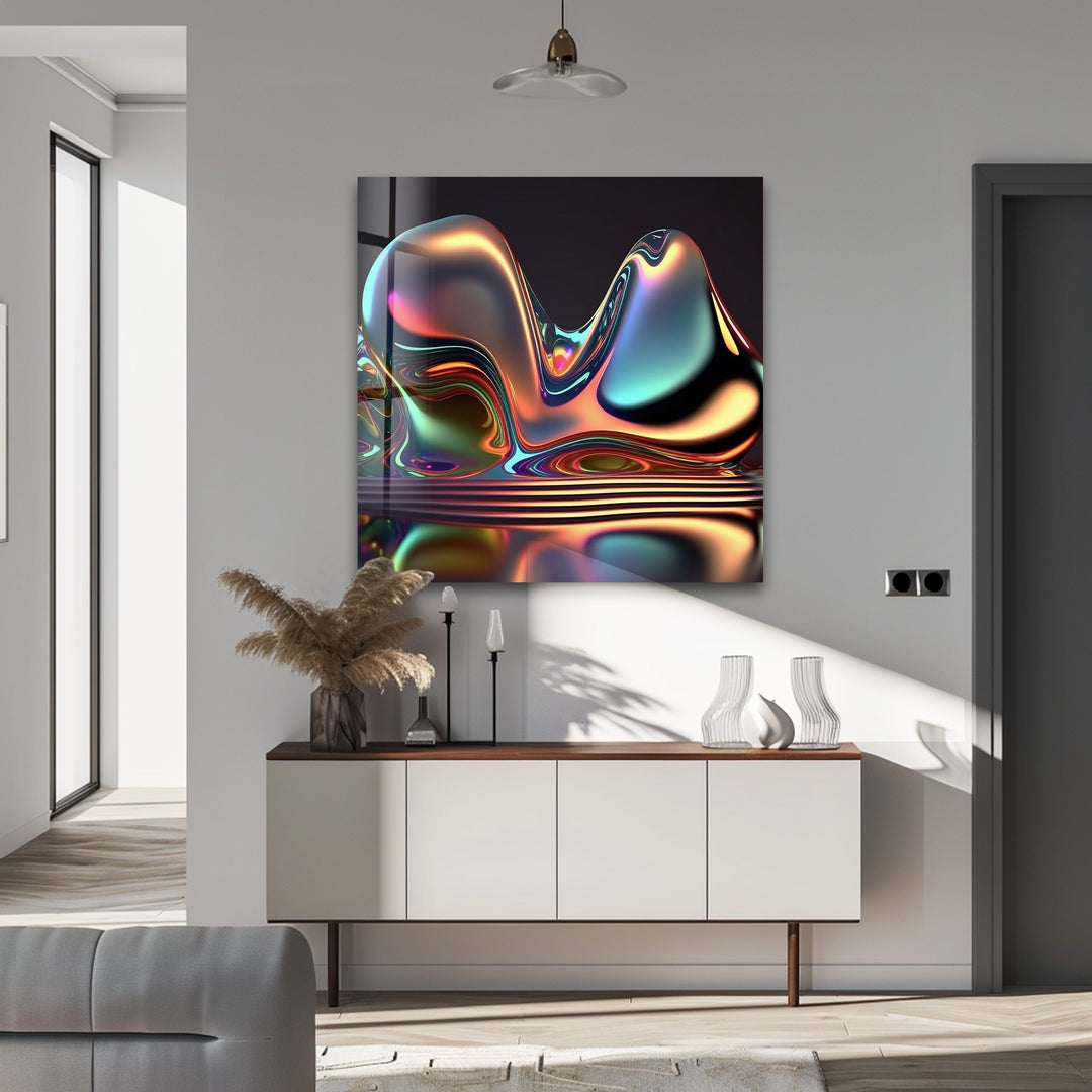 Liquid Prism Sculpture – Iridescent Chrome Form Glass Wall Art