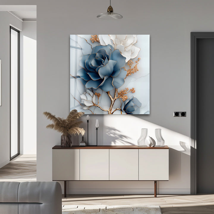 Blue Bloom Harmony – Elegant Floral Glass Wall Art