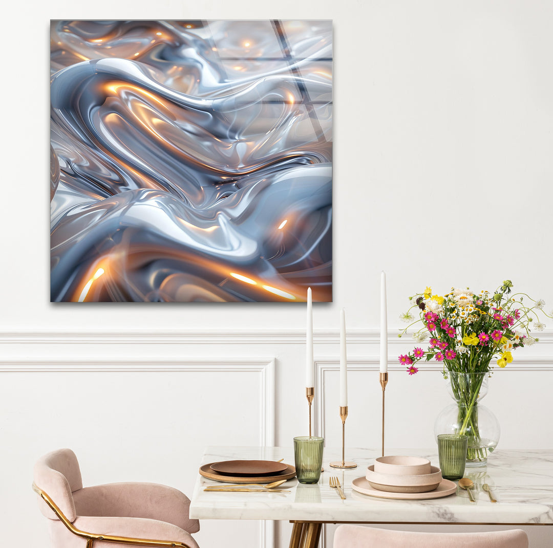 Ethereal Silver Glow – Abstract Fluid Metal Design Glass Wall Art