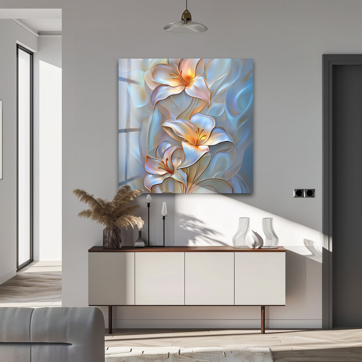 Luminous Lily Whispers – Floral Glass Wall Art