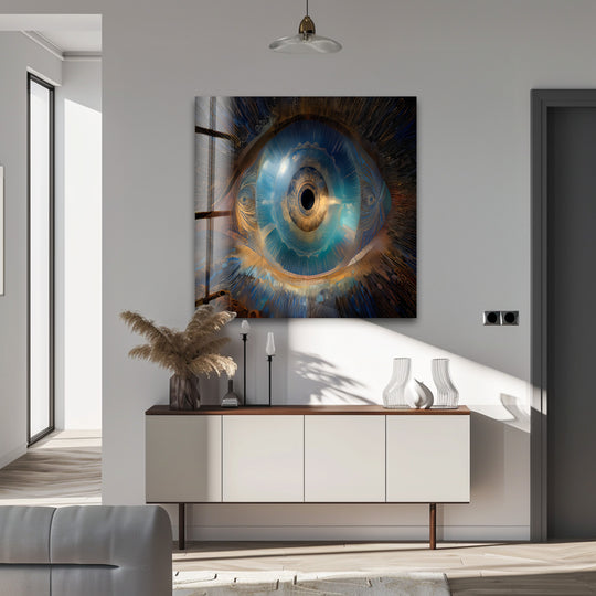 The best glass art features a surreal eye with a breathtaking transition from deep blues to warm golden hues.