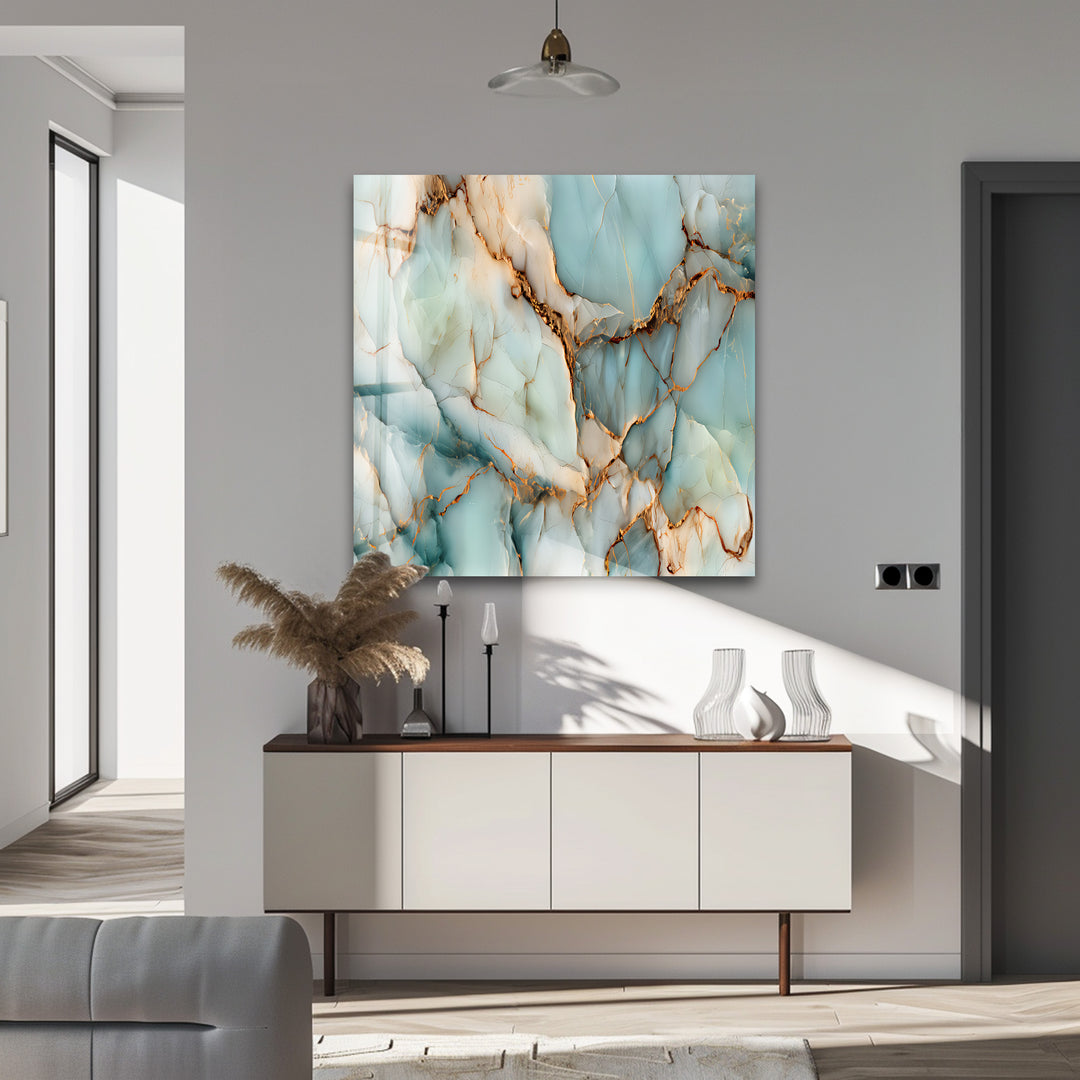 Crystalline Veins – Aqua Marble Glass Wall Art