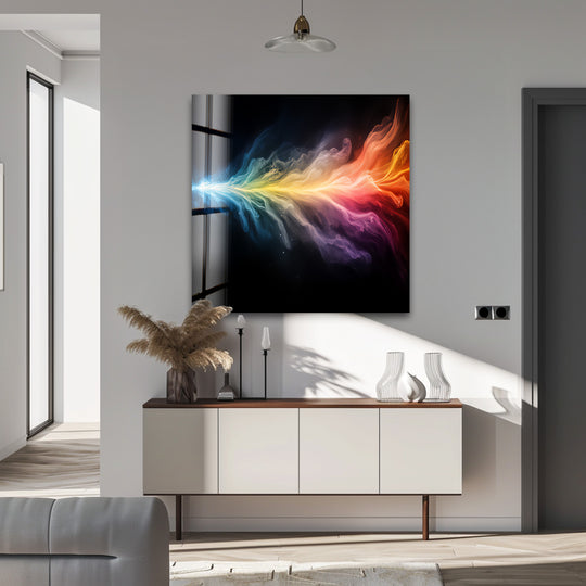 Prismatic flow of rainbow energy glass art evokes a vibrant and dynamic mood, creating a stunning focal point.