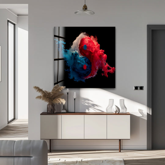 Abstract yin yang glass printing art hangs on a soft gray wall above a modern sideboard, with a window view in the background.