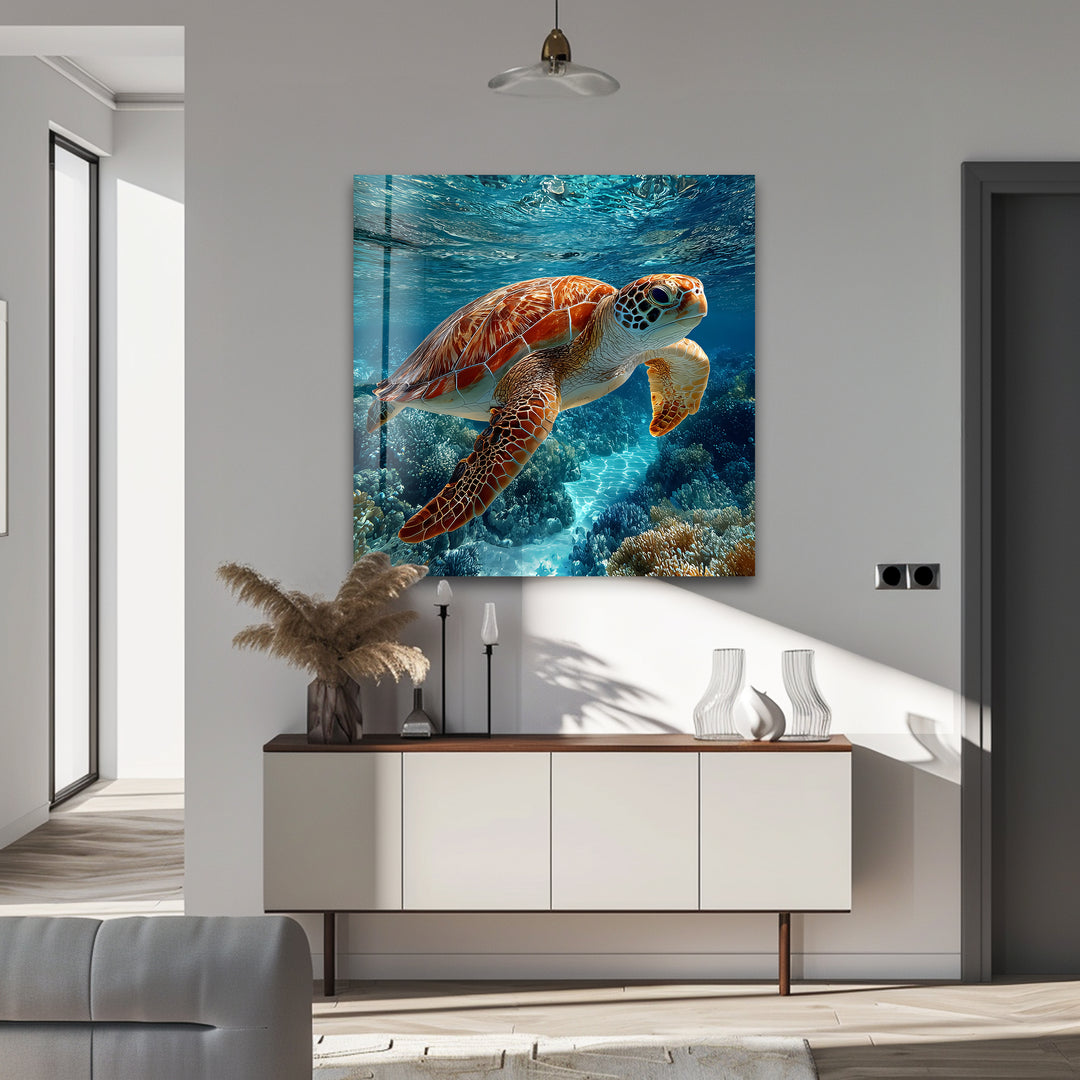 Graceful Voyager – Sea Turtle Underwater Glass Wall Art