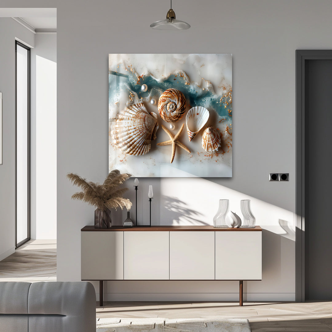 Coastal Treasures – Seashell & Ocean Pearl Glass Wall Art