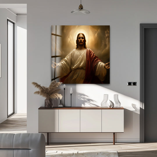 Highlighting the seamless edge and borders, this sacred Jesus portrait in print wall art radiates divine light and spiritual elegance.