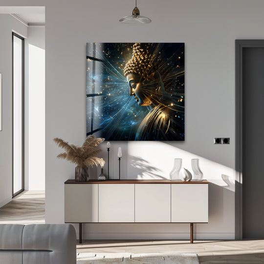Framed by a glossy edge, the Cosmic Enlightenment Buddha is a radiant tempered glass wall art piece with an unseen border that suggests limitless cosmic light.