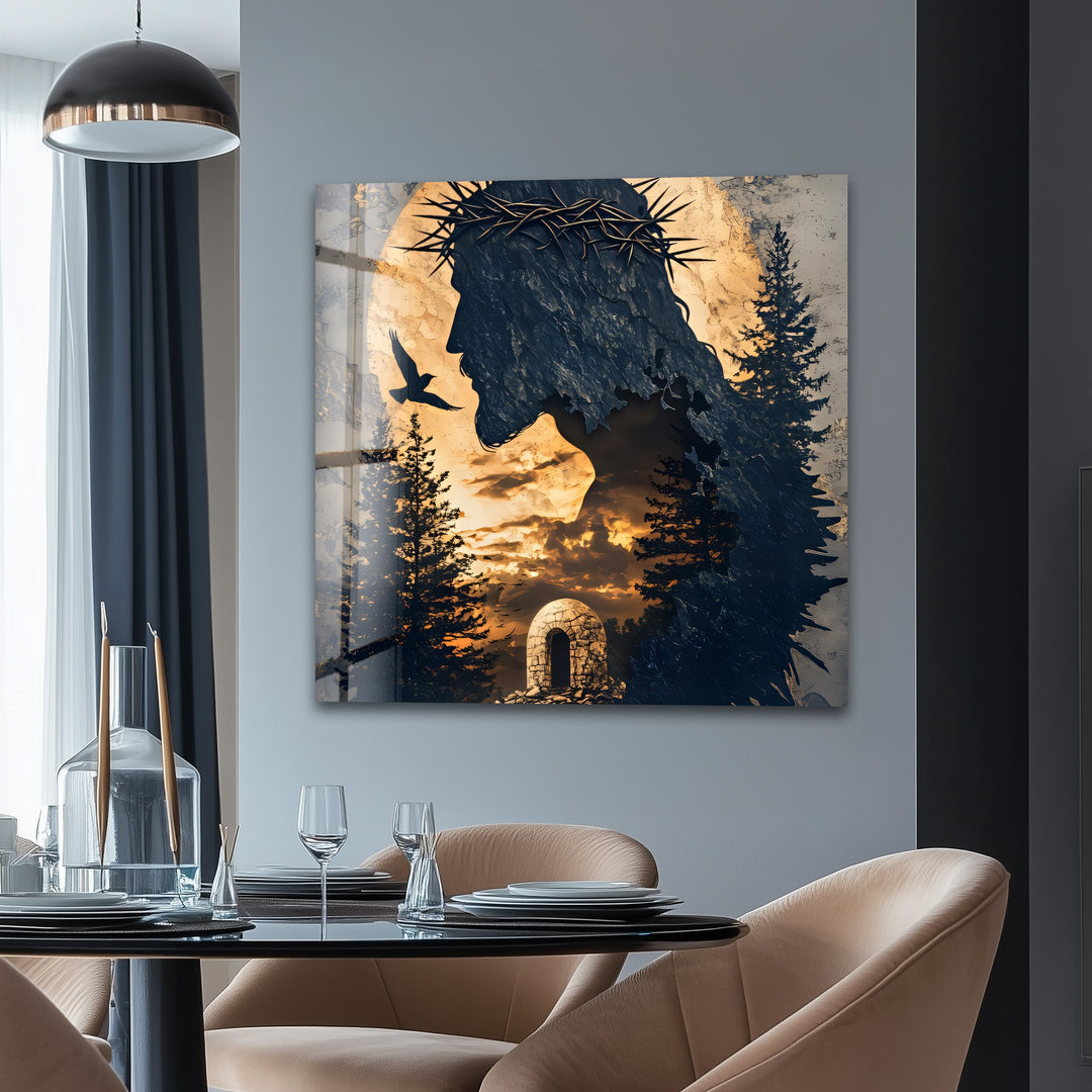 He Is Risen – Silhouette of Christ with Resurrection Tomb Glass Wall Art