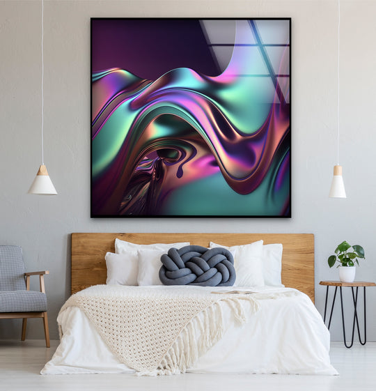 Iridescent wave mirage glass wall art features highly saturated neon chrome hues, creating a vibrant, abstract decorative wall art piece.