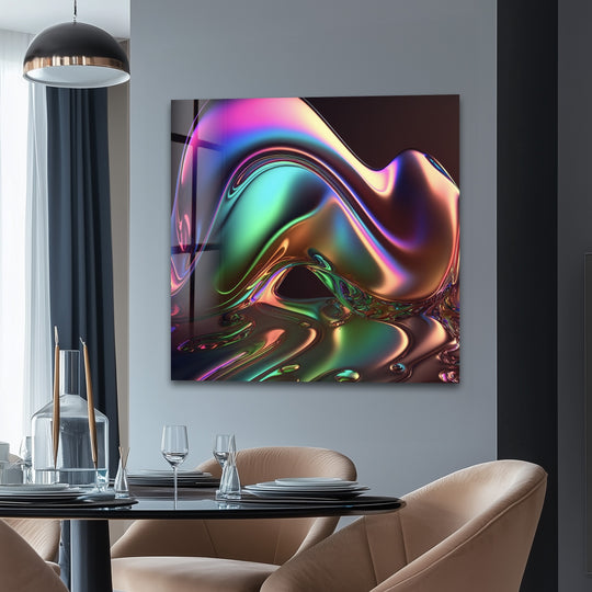 A modern dining room showcases a striking iridescent chrome wave glass art piece on a cool gray wall.