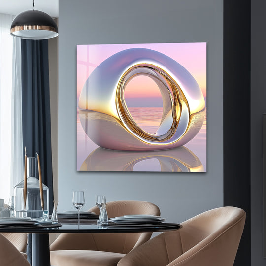 A polished chrome orb, a geometric marvel, enhances this abstract glass art painting.