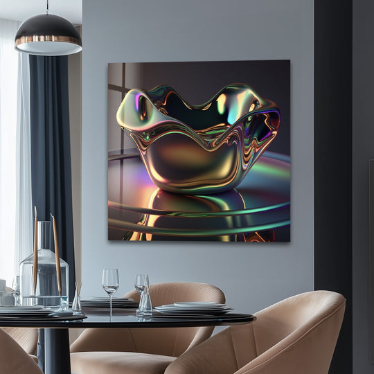 Shimmering iridescent chrome bowl art from glass creates depth with fluid layers on a reflective surface.