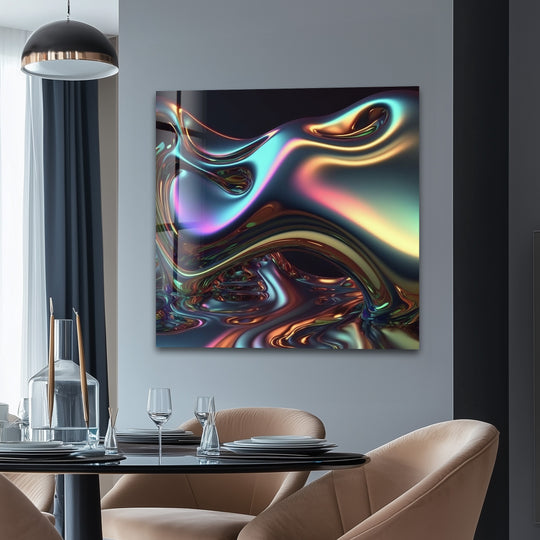 Smooth, iridescent liquid chrome swirls and textures create a unique modern wall decor with a glossy, fluid finish.