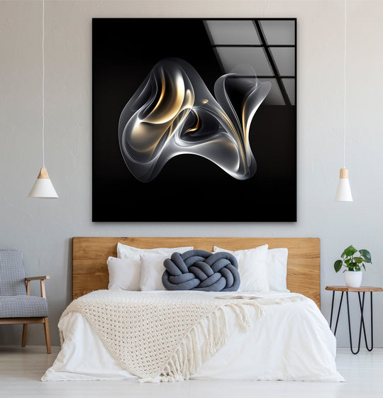 Ethereal ember veil glass wall artwork features an abstract smoke gold flowing form on glossy glass.