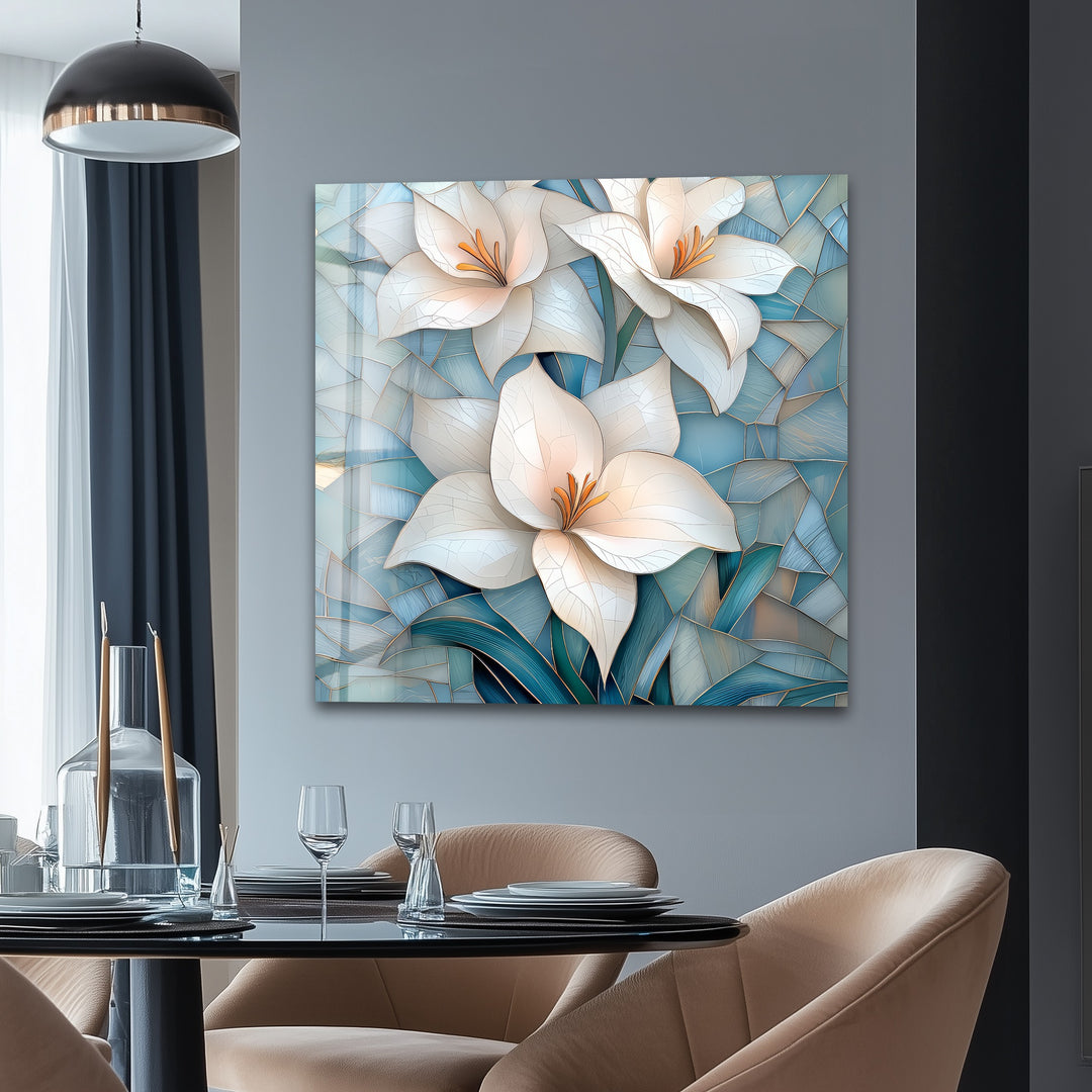 Ivory Radiance – White Lily Mosaic Glass Wall Art