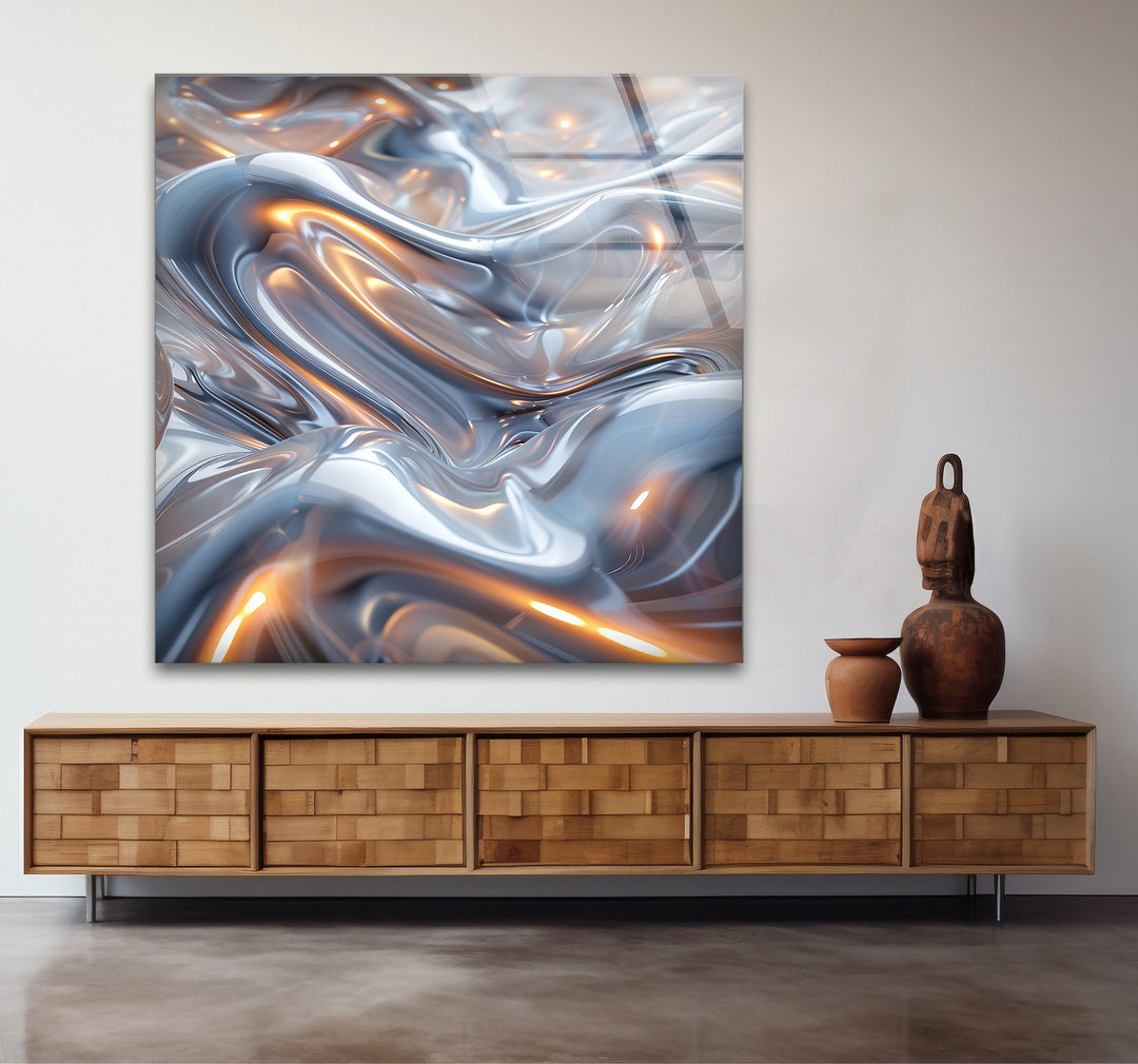 Ethereal Silver Glow – Abstract Fluid Metal Design Glass Wall Art