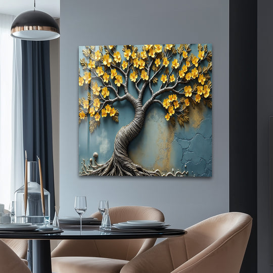 Golden blossom roots on textured glass wall art with a clean edge, showcasing sculpted floral branches.