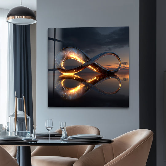 Illuminated infinity sculpture glass print wall art with a glowing orange center and cosmic speckles reflecting on a dark surface.