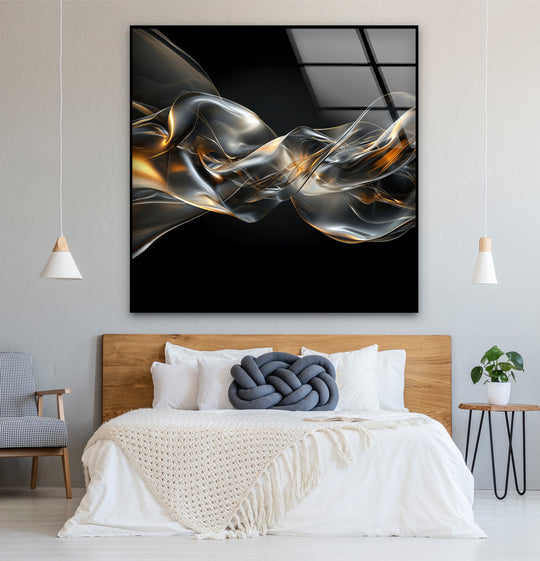 Elegant glass printing of abstract smoke and gold motion with a glossy finish.