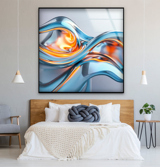 Dominant cool blues and warm orange hues showcase the striking color temperature of this abstract glass printing.