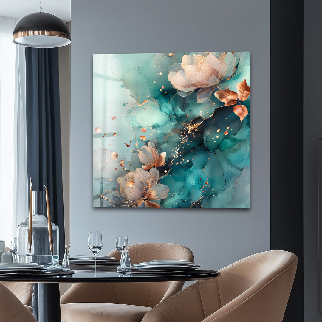 Golden Petals in Aqua Mist – Abstract Floral Glass Wall Art