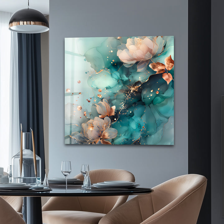 Golden Petals in Aqua Mist – Abstract Floral Glass Wall Art