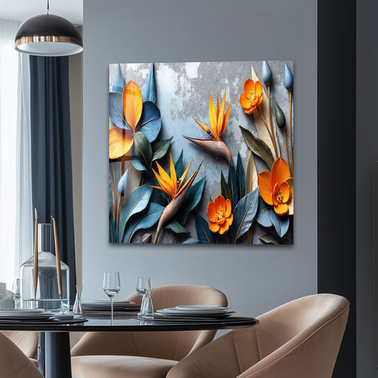 Striking orange and blue tropical blooms dominate this vibrant art from glass panel, creating a stunning focal point.