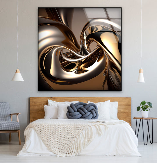 Abstract glass wall artwork featuring dominant metallic bronze and gold tones in a swirling, molten design.