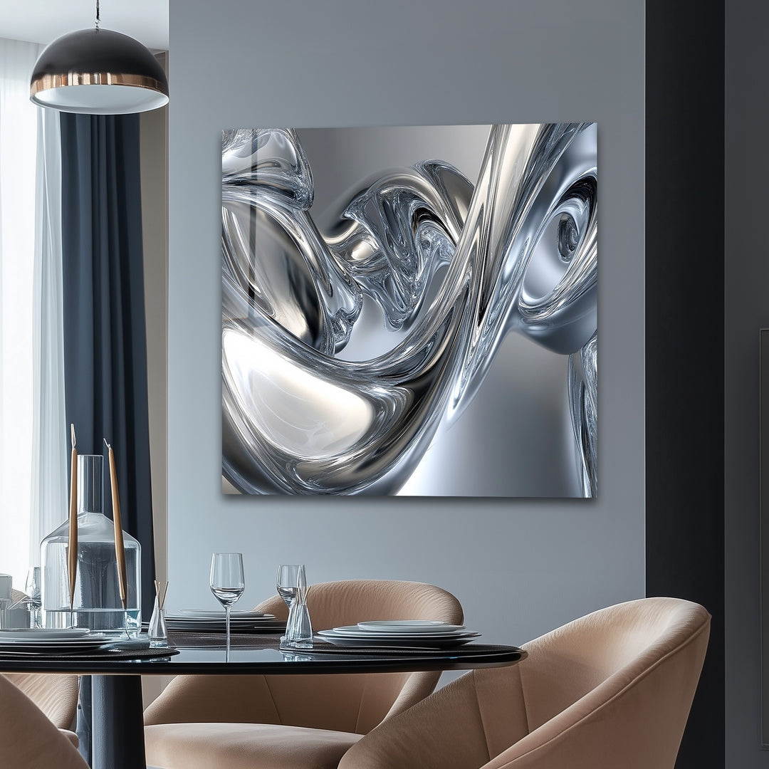 Silver Liquid Contours – Abstract Chrome Flow Glass Wall Art