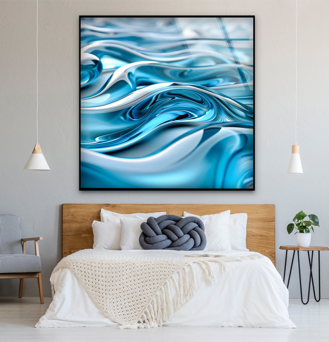 Arctic Wave Flow – Abstract Blue Chrome Fluid Glass Wall Art